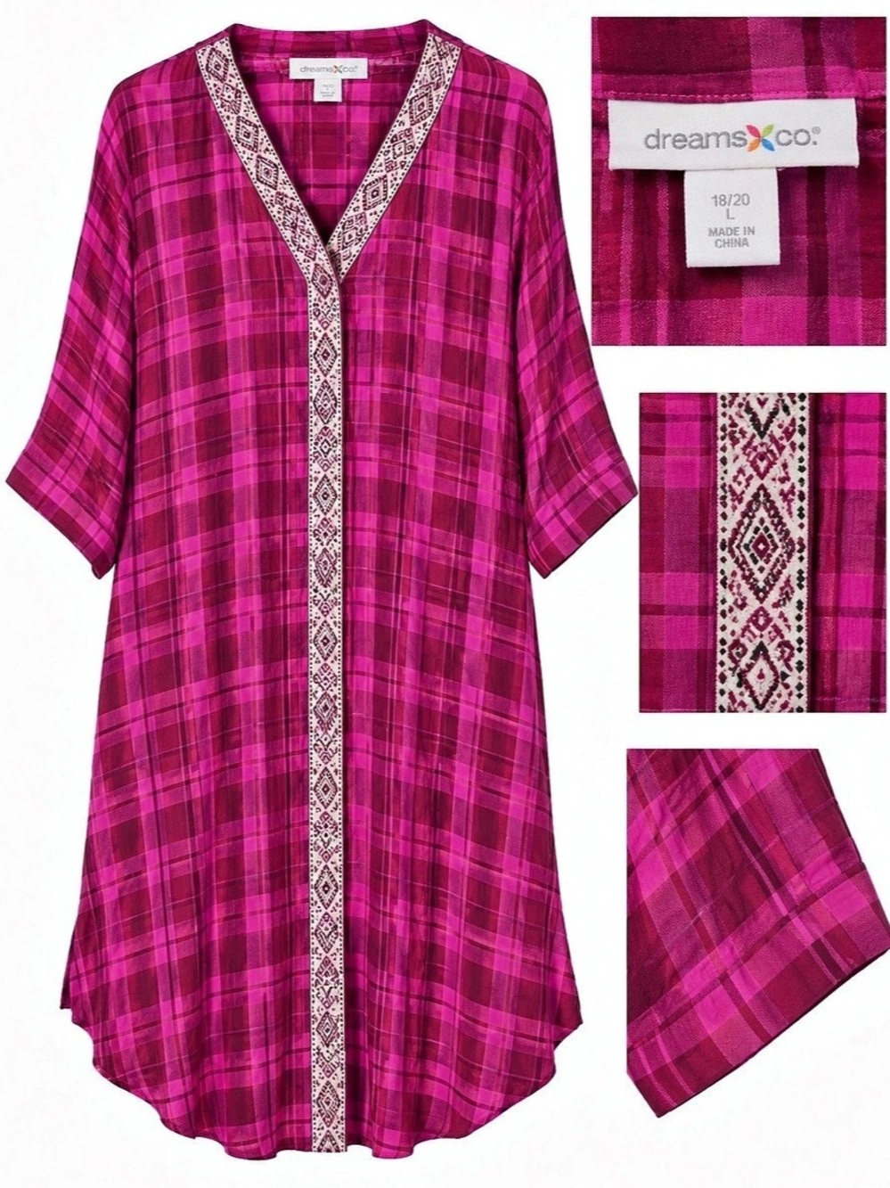 Dreams & Co. Nightgown 18/20 L Pink Plaid Plus Size Sleepshirt Tunic